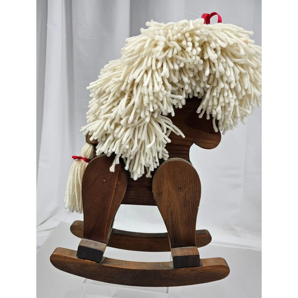 Vintage Wooden Rocking Horse Decor Brown with Cream Yarn Mane and‎ Red Ribbons